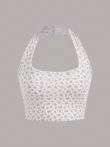 SHEIN EZwear 碎花掛脖上衣 - 橘色 - 查看 1