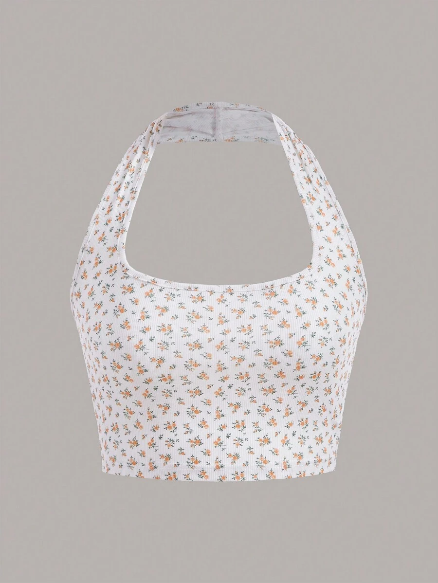 SHEIN EZwear 碎花掛脖上衣 - 橘色 - 查看 1