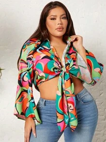 SHEIN SXY Áo sơ mi Plus Size Thắt nơ trước Tất cả trên in In ngẫu nhiên Giải trí - Nhiều màu - Xem 3