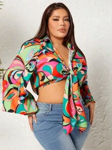 SHEIN SXY Áo sơ mi Plus Size Thắt nơ trước Tất cả trên in In ngẫu nhiên Giải trí - Nhiều màu - Xem 5
