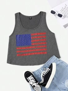 SHEIN EZwear 大碼美國旗圖案背心上衣 - 深灰色 - 查看 1