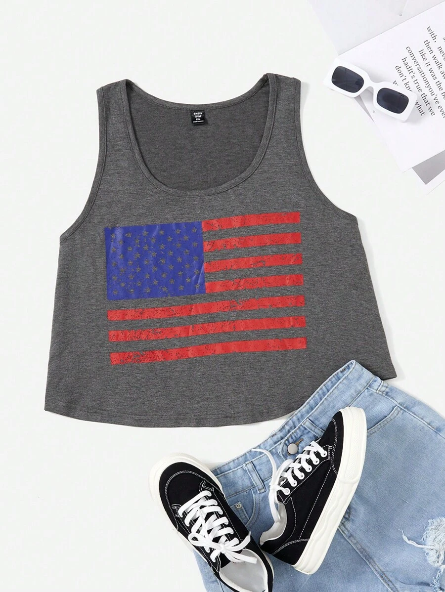 SHEIN EZwear 大碼美國旗圖案背心上衣 - 深灰色 - 查看 1