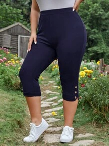 SHEIN LUNE Plus Button Detail Capri Trousers - Navy Blue - View 1