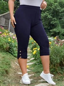 SHEIN LUNE Plus Button Detail Capri Trousers - Navy Blue - View 4