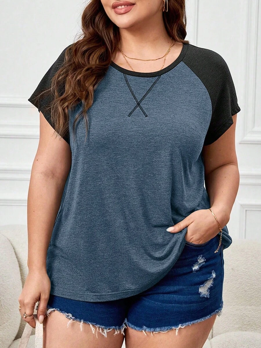 SHEIN LUNE 大碼拼接插肩袖T恤 - 藏蓝色 - 查看 1