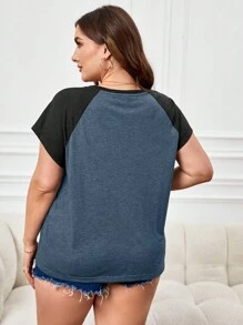 SHEIN LUNE 大碼拼接插肩袖T恤 - 藏蓝色 - 查看 2