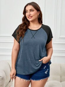 SHEIN LUNE 大碼拼接插肩袖T恤 - 藏蓝色 - 查看 4