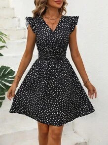 SHEIN LUNE 波點圖案荷葉邊連衣裙 - 黑與白 - 查看 2