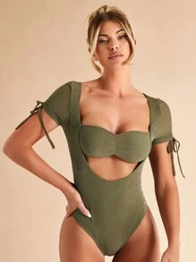 SHEIN BAE 鏤空側抽繩金屬亮絲連身背心 - 橄欖綠 - 查看 1