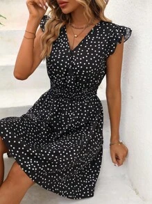 SHEIN LUNE 波點圖案荷葉邊連衣裙 - 黑與白 - 查看 5