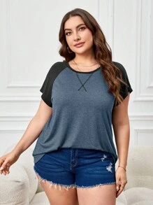 SHEIN LUNE 大碼拼接插肩袖T恤 - 藏蓝色 - 查看 5