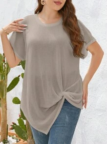 SHEIN Essnce 大碼扭結下擺蝙蝠袖T恤 - 卡其色 - 查看 3