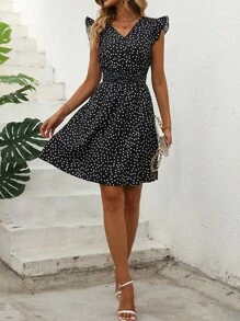 SHEIN LUNE 波點圖案荷葉邊連衣裙 - 黑與白 - 查看 6