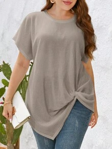 SHEIN Essnce 大碼扭結下擺蝙蝠袖T恤 - 卡其色 - 查看 4