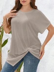 SHEIN Essnce 大碼扭結下擺蝙蝠袖T恤 - 卡其色 - 查看 6