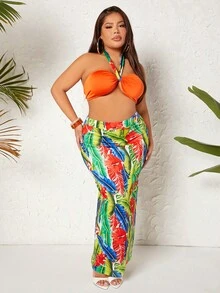 SHEIN SXY 大碼熱帶圖案掛脖上衣和半身裙 - 彩色 - 查看 3