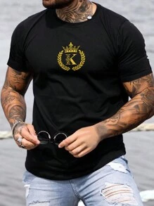男士王冠和字母圖案T恤 - 黑色 - 查看 1