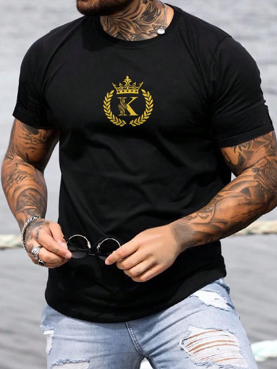 男士王冠和字母圖案T恤 - 黑色 - 查看 1