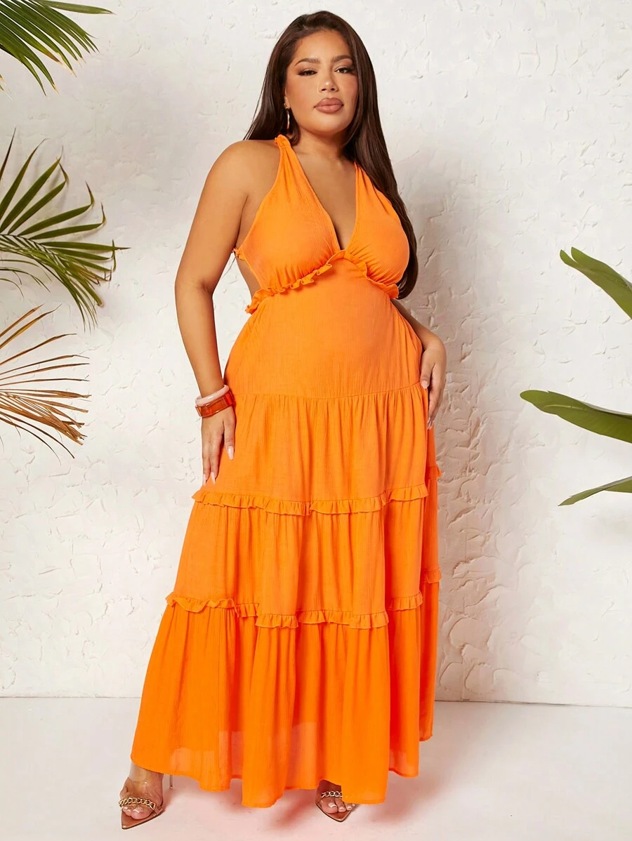 SHEIN SXY 大碼露背褶邊掛脖連衣裙 - 橘色 - 查看 1