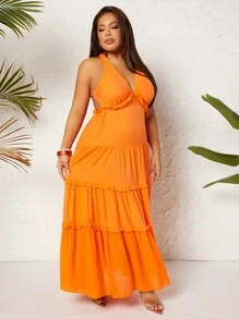 SHEIN SXY 大碼露背褶邊掛脖連衣裙 - 橘色 - 查看 3