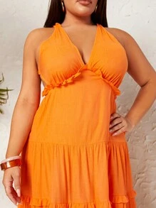 SHEIN SXY 大碼露背褶邊掛脖連衣裙 - 橘色 - 查看 5