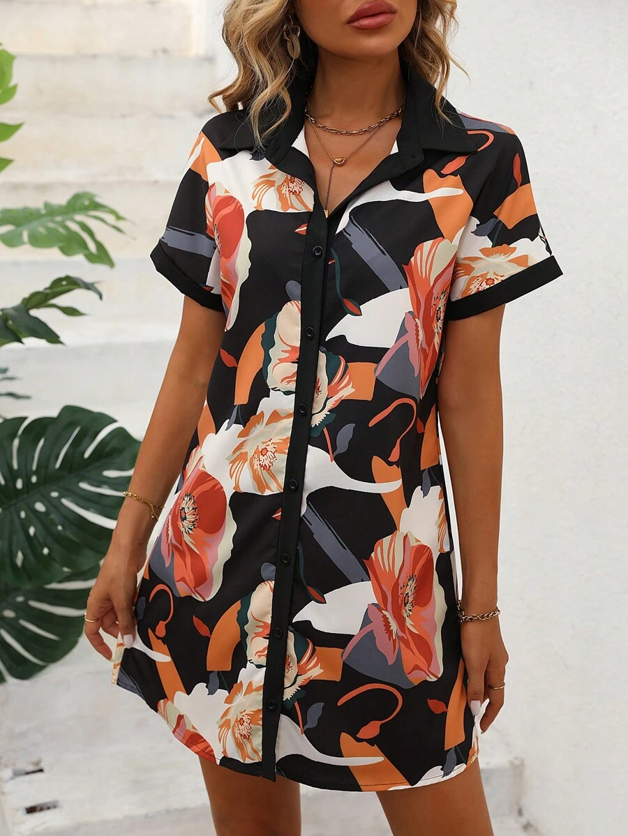 SHEIN VCAY 印花前紐扣襯衫洋裝 - 彩色 - 查看 1