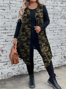 EMERY ROSE Plus Camo Print Open Front Vest Coat Without Tee In Fall/Winter - Multicolor - View 3