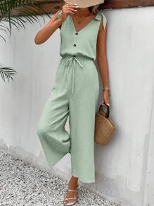 SHEIN Frenchy Áo liền quần nữ Thắt nút Nút phía trước màu trơn Giải trí - Màu xanh Bạc hà - Xem 1