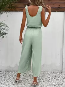 SHEIN Frenchy Áo liền quần nữ Thắt nút Nút phía trước màu trơn Giải trí - Màu xanh Bạc hà - Xem 2