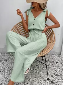 SHEIN Frenchy Áo liền quần nữ Thắt nút Nút phía trước màu trơn Giải trí - Màu xanh Bạc hà - Xem 3