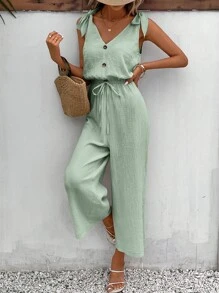 SHEIN Frenchy Áo liền quần nữ Thắt nút Nút phía trước màu trơn Giải trí - Màu xanh Bạc hà - Xem 4