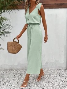 SHEIN Frenchy Áo liền quần nữ Thắt nút Nút phía trước màu trơn Giải trí - Màu xanh Bạc hà - Xem 5