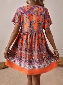 SHEIN LUNE 佩斯利印花蝙蝠袖娃娃裙 - 橘色 - 查看 2