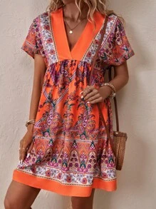 SHEIN LUNE 佩斯利印花蝙蝠袖娃娃裙 - 橘色 - 查看 3