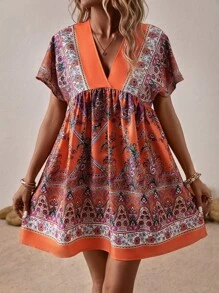 SHEIN LUNE 佩斯利印花蝙蝠袖娃娃裙 - 橘色 - 查看 5