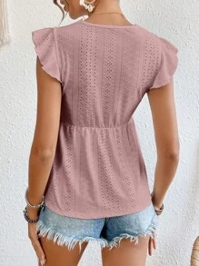 SHEIN Frenchy Guipure Lace Panel Butterfly Sleeve Peplum Tee - Dusty Pink - View 2