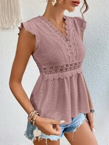 SHEIN Frenchy Guipure Lace Panel Butterfly Sleeve Peplum Tee - Dusty Pink - View 3