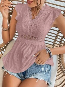 SHEIN Frenchy Guipure Lace Panel Butterfly Sleeve Peplum Tee - Dusty Pink - View 5