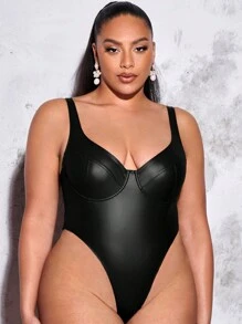 SHEIN BAE Áo liền quần chặt Kích thước lớn màu trơn Gợi cảm - màu đen - Xem 3