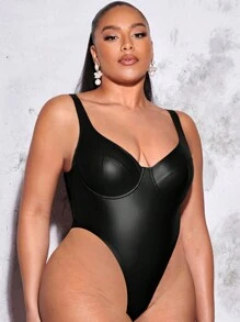 SHEIN BAE Áo liền quần chặt Kích thước lớn màu trơn Gợi cảm - màu đen - Xem 6