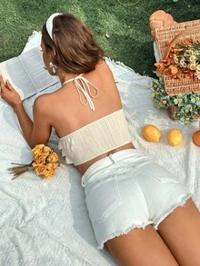 Soleia 多層邊後背繫帶繞頸短上衣 - 杏色 - 查看 2