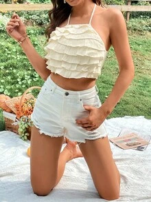 Soleia 多層邊後背繫帶繞頸短上衣 - 杏色 - 查看 3