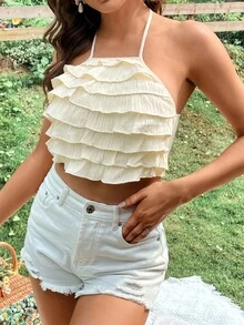 Soleia 多層邊後背繫帶繞頸短上衣 - 杏色 - 查看 4