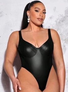 SHEIN BAE Áo liền quần chặt Kích thước lớn màu trơn Gợi cảm - màu đen - Xem 8