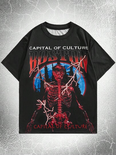 Goth Guys Letter & Skeleton Print Tee