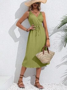 Breezaya Solid Wrap Front Cami Dress - Olive Green - View 5