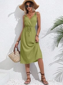 Breezaya Solid Wrap Front Cami Dress - Olive Green - View 6