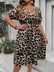 SHEIN LUNE Đầm Plus Size Chia Trọn gói Tách cao In hoa Báo Giải trí - Nhiều màu - Xem 4