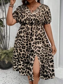 SHEIN LUNE Đầm Plus Size Chia Trọn gói Tách cao In hoa Báo Giải trí - Nhiều màu - Xem 7