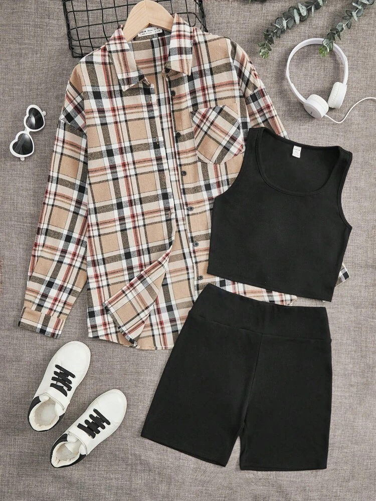Teen Girl Plaid Print Shirt & Tank Top & Biker Shorts